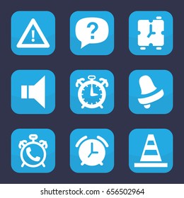 Alert icon. set of 9 filled alert icons such as alarm, bell, cone, warning, megaphone