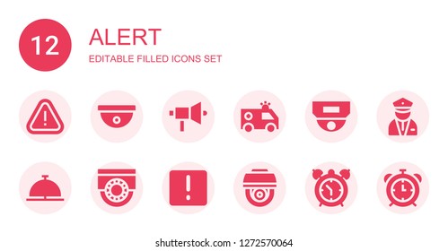 alert icon set. Collection of 12 filled alert icons included Alert, Cctv, Megaphone, Ambulance, Bell, Attention, Alarm clock, Security