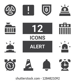 alert icon set. Collection of 12 filled alert icons included Alarm clock, Bell, Traffic cone, Siren, Amplifier, Attention, Radiator, Radiation, Security