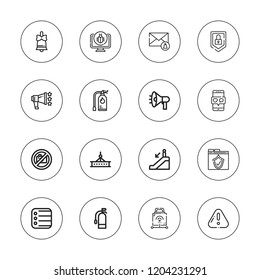 Alert icon set. collection of 16 outline alert icons with beam, bell, extinguisher, escalator down, megaphone, malware, no photo, notification, notifications, security icons.