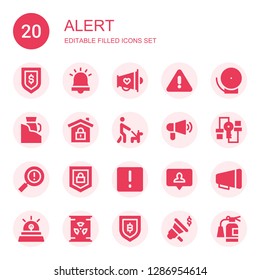 alert icon set. Collection of 20 filled alert icons included Secure, Alarm, Megaphone, Warning, Bell, Laser, Walk, Security, Attention, Notification, Siren, Nuclear, Extinguisher