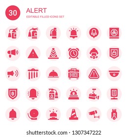 alert icon set. Collection of 30 filled alert icons included Extinguisher, Alarm, Alarm bell, Megaphone, Alert, Cone, Firefighter, Chimes, Bell, Amplifier, Security, Siren, Cctv