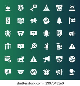 Alert Icon Set. Collection Of 36 Filled Alert Icons Included Bell, Megaphone, Alarm Clock, Banned, Cctv, Notification, Radiation, Warning, Trojan, Ransomware, Extinguisher, Error