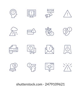 Conjunto de iconos de alerta. Icono de línea fina. Trazo editable. Conteniendo acidrain, alert, Anuncios, creditcard, error, heart attack, mail, riskassessment.