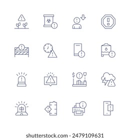 Conjunto de iconos de alerta. Icono de línea fina. Trazo editable. Contiene alarma, alerta, riesgo biológico, precaución, caducado, error humano, móvil, evaluación de riesgos.