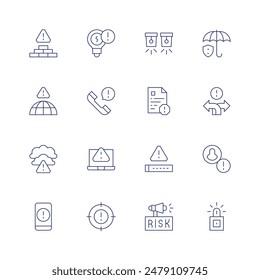Alert icon set. Thin line icon. Editable stroke. Containing alert, badweather, call, computer, light, password, rules, umbrella, uncertainty, warning.