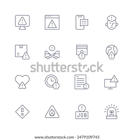 Alert icon set. Thin line icon. Editable stroke. Containing alert, browser, collision, delay, notice, report, risks, thought, warning, world.