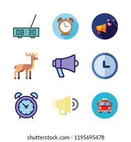 alert icon set. vector set about megaphone, alarm clock, clock and deer icons set.