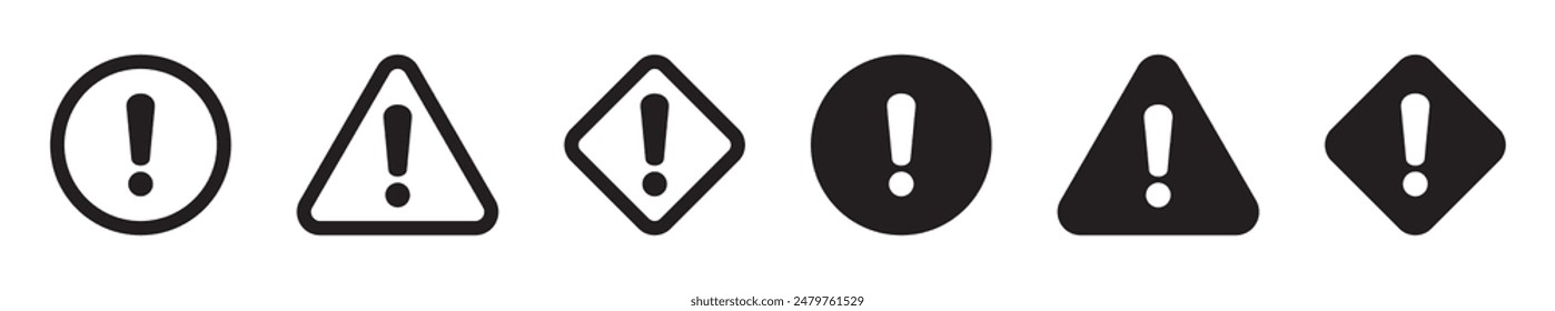 Alert icon. Warning sign and symbol. Exclamation mark in triangle, circle and rombus.