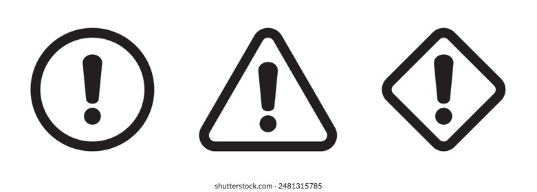 Alert icon. Warning sign and symbol. Exclamation mark in triangle, circle and rombus.