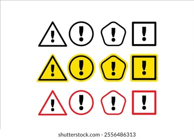 Alert icon, warning sign and symbol, triangle, circular, square and pentagon shape, in black, red and yellow.