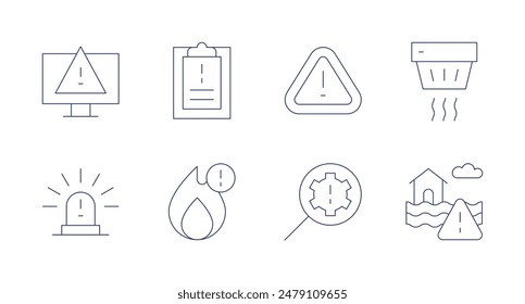 Iconos de alerta. Trazo editable. Contiene alerta, datos, fuego, identificar, desastre natural, problema, detector de humo.