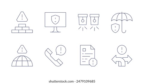 Iconos de alerta. Trazo editable. Contiene alerta, llamada, computadora, luz, reglas, paraguas, incertidumbre.