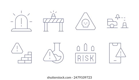 Iconos de alerta. Trazo editable. Contiene alarma, alerta, barrera, catalizador, veneno, evaluación de riesgo, sensor, teléfono inteligente.