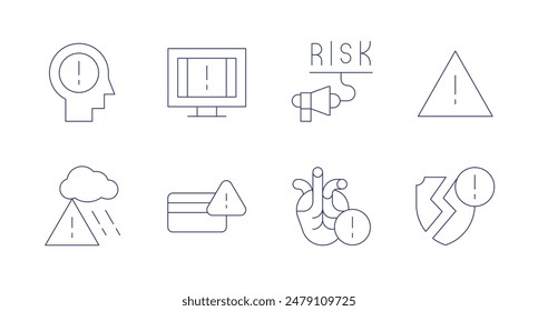 Alert icons. Editable stroke. Containing acidrain, alert, creditcard, error, heartattack, riskassessment, security, warningsign.