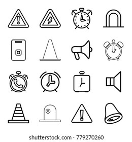 Alert icons. set of 16 editable outline alert icons such as alarm, siren, cone, warning, megaphone, door ringer, voltage warning