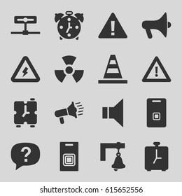 Alert icons set. set of 16 alert filled icons such as cone, warning, megaphone, door ringer, door bell, voltage warning, bell, alarm, radiation, exclamation