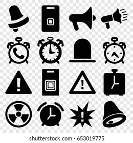 Alert icons set. set of 16 alert filled icons such as alarm, siren, bell, warning, door ringer, door bell, bell, megaphone, exclamation