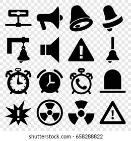 Alert icons set. set of 16 alert filled icons such as alarm, siren, bell, warning, megaphone, bell, radiation, exclamation