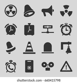 Alert icons set. set of 16 alert filled icons such as alarm, siren, bell, cone, warning, door ringer, bell, radiation, megaphone