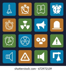 Alert icons set. set of 16 alert filled and outline icons such as alarm, siren, megaphone, voltage warning, bell, radiation