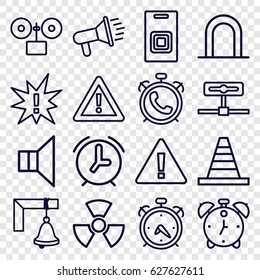 Alert icons set. set of 16 alert outline icons such as alarm, siren, cone, warning, megaphone, door bell, bell, radiation, exclamation