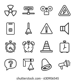 Alert icons set. set of 16 alert outline icons such as alarm, cone, megaphone, door ringer, bell, voltage warning, radiation, warning, exclamation