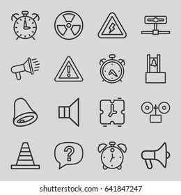 Alert icons set. set of 16 alert outline icons such as alarm, cone, warning, megaphone, voltage warning, bell, exclamation, radiation