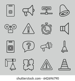 Alert icons set. set of 16 alert outline icons such as alarm, cone, warning, megaphone, door ringer, bell, door bell, exclamation