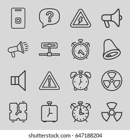 Alert icons set. set of 16 alert outline icons such as alarm, warning, megaphone, door ringer, voltage warning, bell, radiation, exclamation