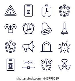 Alert icons set. set of 16 alert outline icons such as alarm, siren, warning, door ringer, bell, door bell, radiation, exclamation, camera
