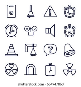 Alert icons set. set of 16 alert outline icons such as alarm, siren, cone, megaphone, door ringer, bell, radiation, warning