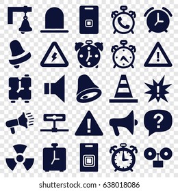 Alert icons set. set of 25 alert filled icons such as alarm, siren, bell, cone, warning, megaphone, door ringer, door bell, voltage warning, bell, radiation, exclamation