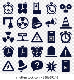 Alert icons set. set of 25 alert filled icons such as alarm, siren, bell, cone, warning, door ringer, door bell, voltage warning, bell, radiation, megaphone, exclamation