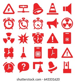 Alert icons set. set of 25 alert filled icons such as alarm, bell, cone, warning, megaphone, door ringer, bell, door bell, voltage warning, radiation, exclamation