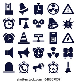 Alert icons set. set of 25 alert filled icons such as alarm, siren, bell, cone, warning, megaphone, bell, door bell, voltage warning, radiation, exclamation