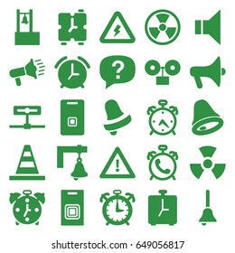 Alert icons set. set of 25 alert filled icons such as alarm, bell, cone, warning, megaphone, door ringer, bell, door bell, voltage warning, radiation, exclamation
