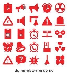 Alert icons set. set of 25 alert filled icons such as alarm, siren, warning, megaphone, door ringer, bell, door bell, voltage warning, radiation, exclamation