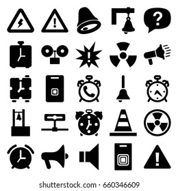 Alert icons set. set of 25 alert filled icons such as alarm, cone, warning, megaphone, door ringer, bell, door bell, voltage warning, radiation, exclamation