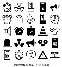 Alert icons set. set of 25 alert filled and outline icons such as alarm, siren, cone, warning, door ringer, door bell, radiation, bell, megaphone, bell, exclamation