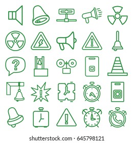 Alert icons set. set of 25 alert outline icons such as alarm, bell, cone, warning, megaphone, door ringer, bell, door bell, voltage warning, radiation, exclamation
