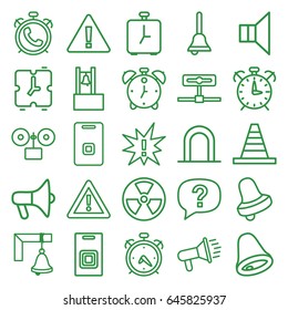 Alert icons set. set of 25 alert outline icons such as alarm, siren, bell, cone, warning, megaphone, door ringer, bell, door bell, exclamation, radiation