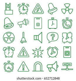 Alert icons set. set of 25 alert outline icons such as alarm, siren, bell, warning, megaphone, door ringer, bell, door bell, voltage warning, radiation, exclamation