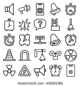 Alert icons set. set of 25 alert outline icons such as alarm, siren, bell, cone, megaphone, door ringer, bell, door bell, voltage warning, radiation, exclamation