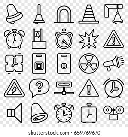 Alert icons set. set of 25 alert outline icons such as alarm, siren, bell, cone, warning, megaphone, door ringer, bell, door bell, voltage warning, exclamation, radiation