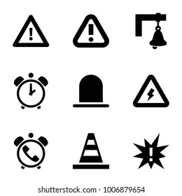 Alert icons. set of 9 editable filled alert icons such as siren, cone, exclamation, warning, voltage warning, bell
