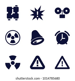 Alert icons. set of 9 editable filled alert icons such as exclamation, warning, alarm, bell