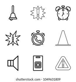 Alert icons. set of 9 editable outline alert icons such as alarm, exclamation, megaphone, bell, door bell, cone