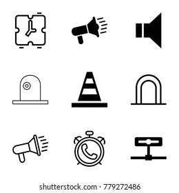 Alert icons. set of 9 editable filled and outline alert icons such as cone, megaphone, camera, alarm
