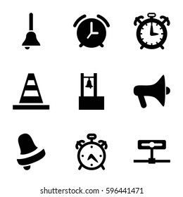 alert icons set. Set of 9 alert filled icons such as alarm, Bell, cone, bell, megaphone
